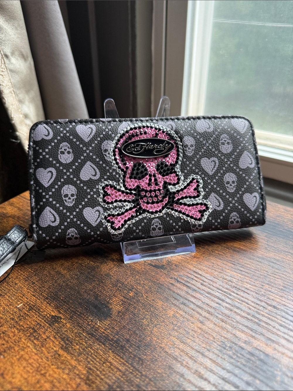 Ed Hardy Black Wallet with Pink Crystal Skull Accent